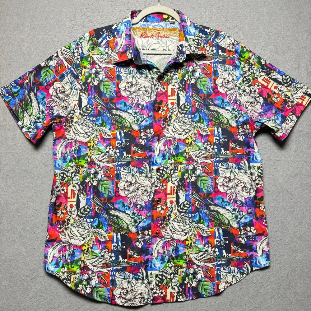 Robert Graham Mens XL Short Sleeve Button Down Shirt Floral Bird Collage Multi